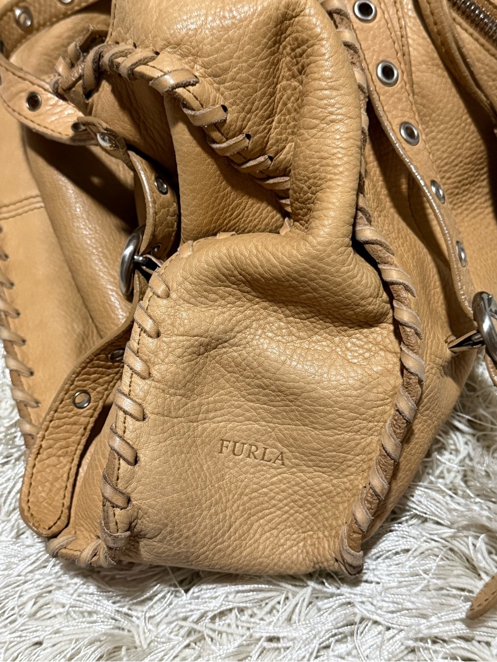 Furla Italian Leather Slouchy Hobo Shoulder Bag Whipstitch Tote - Picture 9 of 11